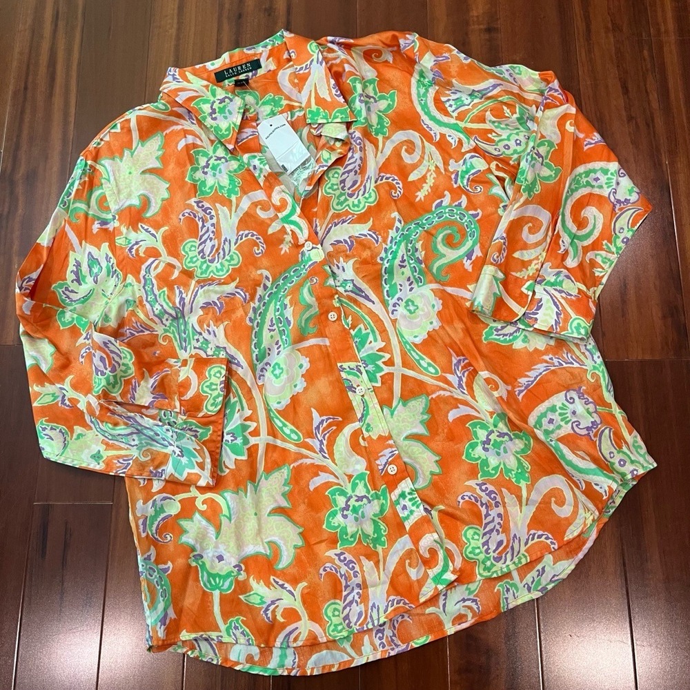 Lauren Ralph Lauren Shirt Orange Long Sleeve Paisley Floral Button‎ Cotton Sz XL